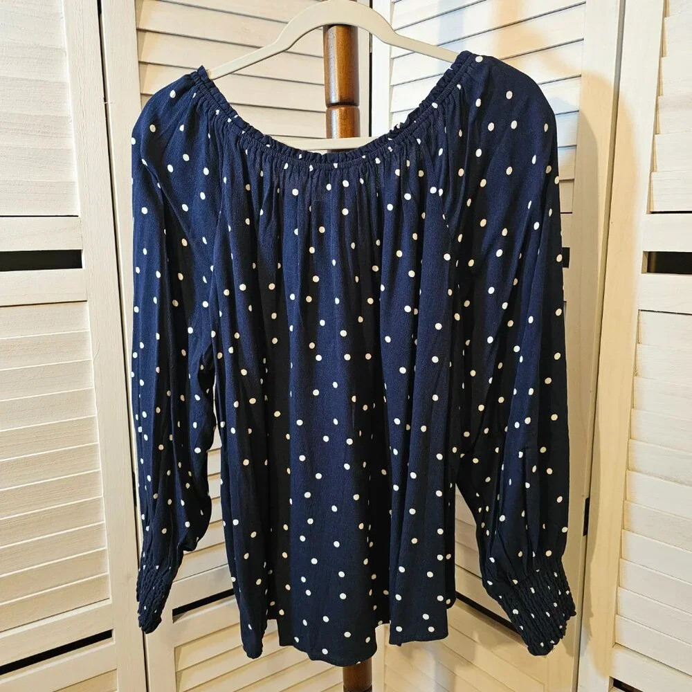 Terra & Sky Plus Size 1X 16W-18W, Navy Blue/White Polka Dots Blouse, Long Sleeve - Picture 3 of 6